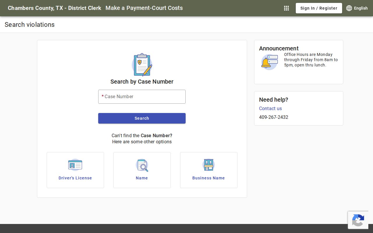 Chambers County warrant records clerk search fields