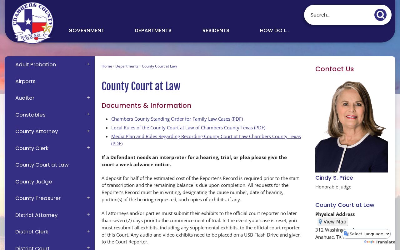 Chambers County bench warrant court information for the County Court at Law